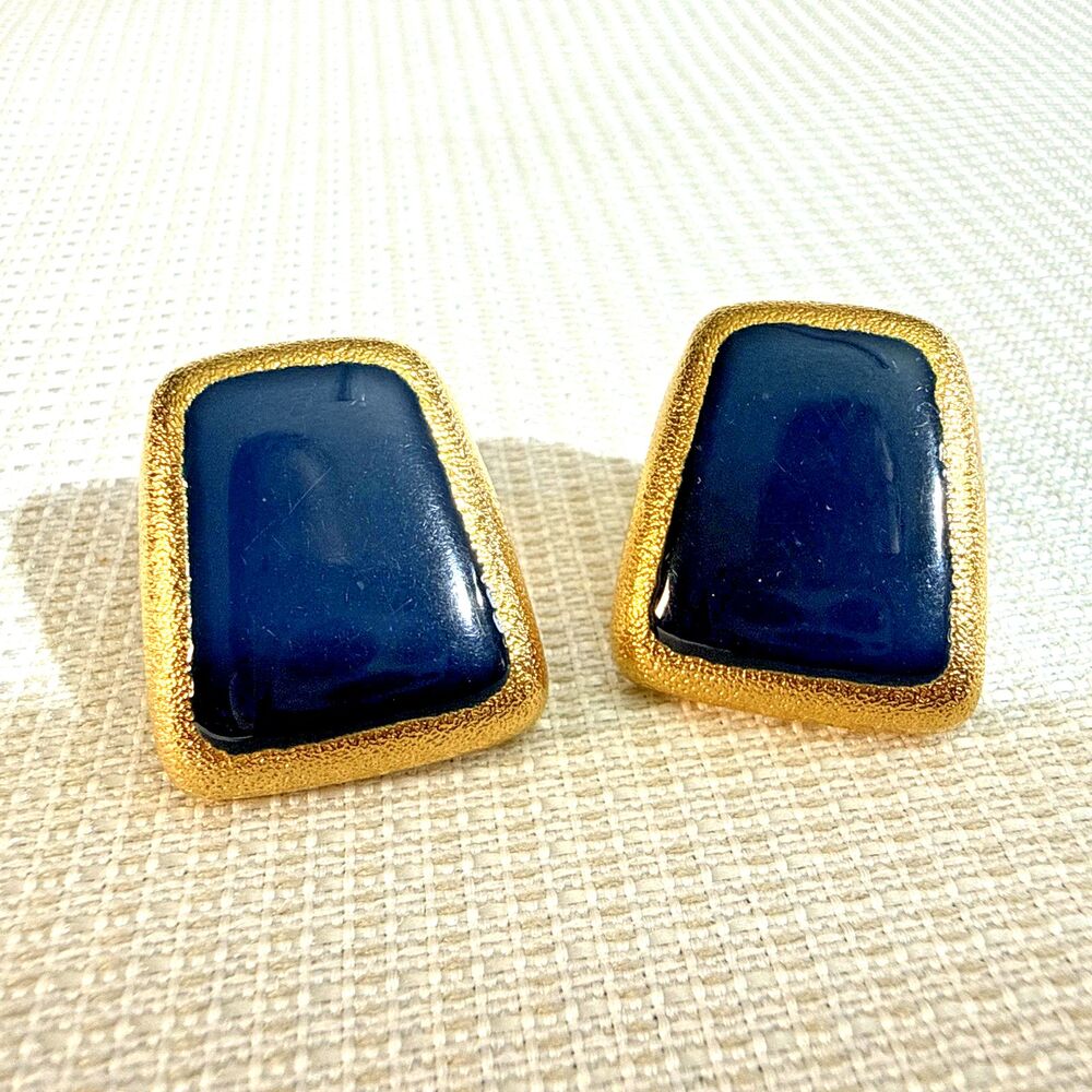 Vintage Anne Klein Clip Earrings Signed Cobalt Navy Blue Gold Tone Statement